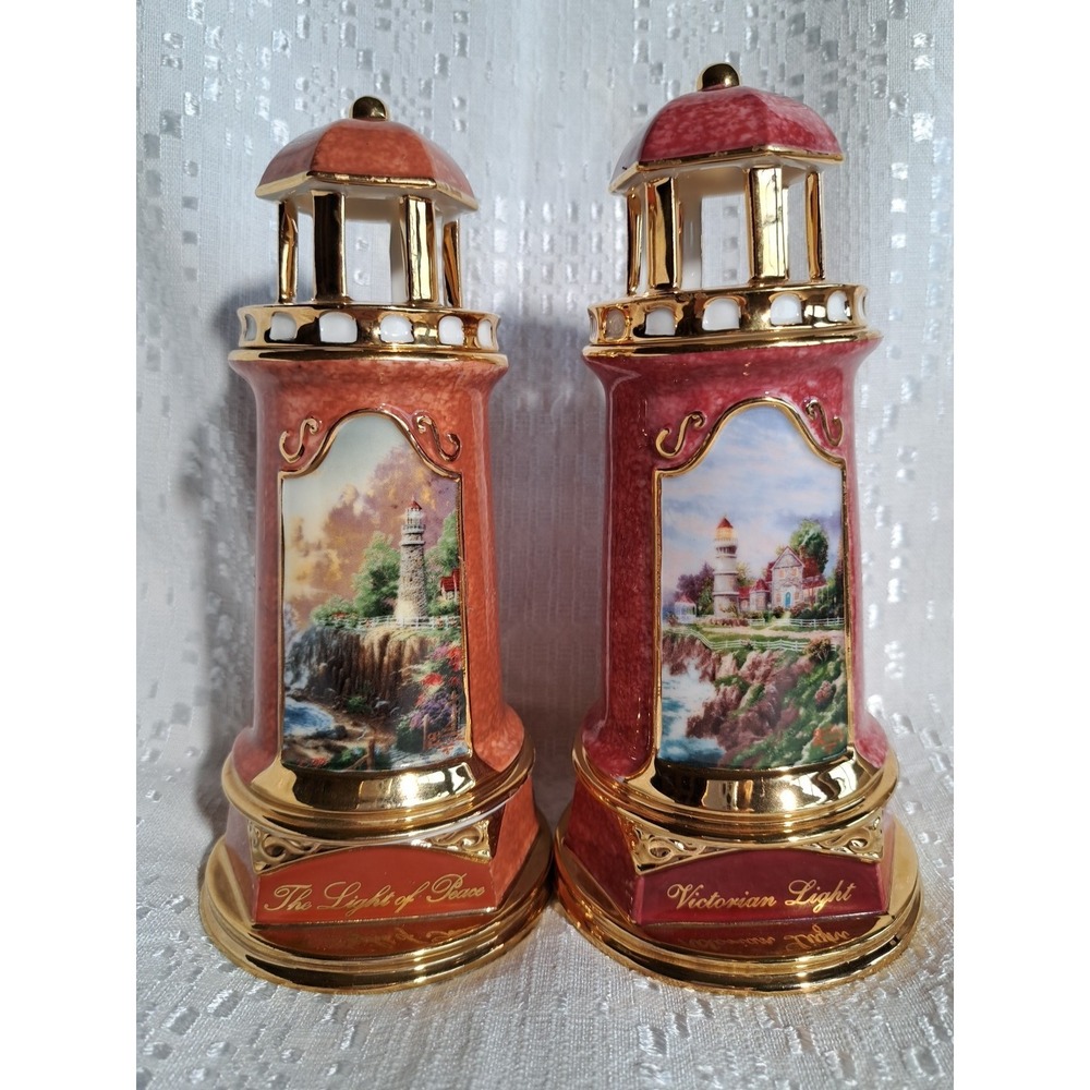 Thomas Kinkade Illuminated Porcelain Lighthouse Figurine Set Of 2 2004